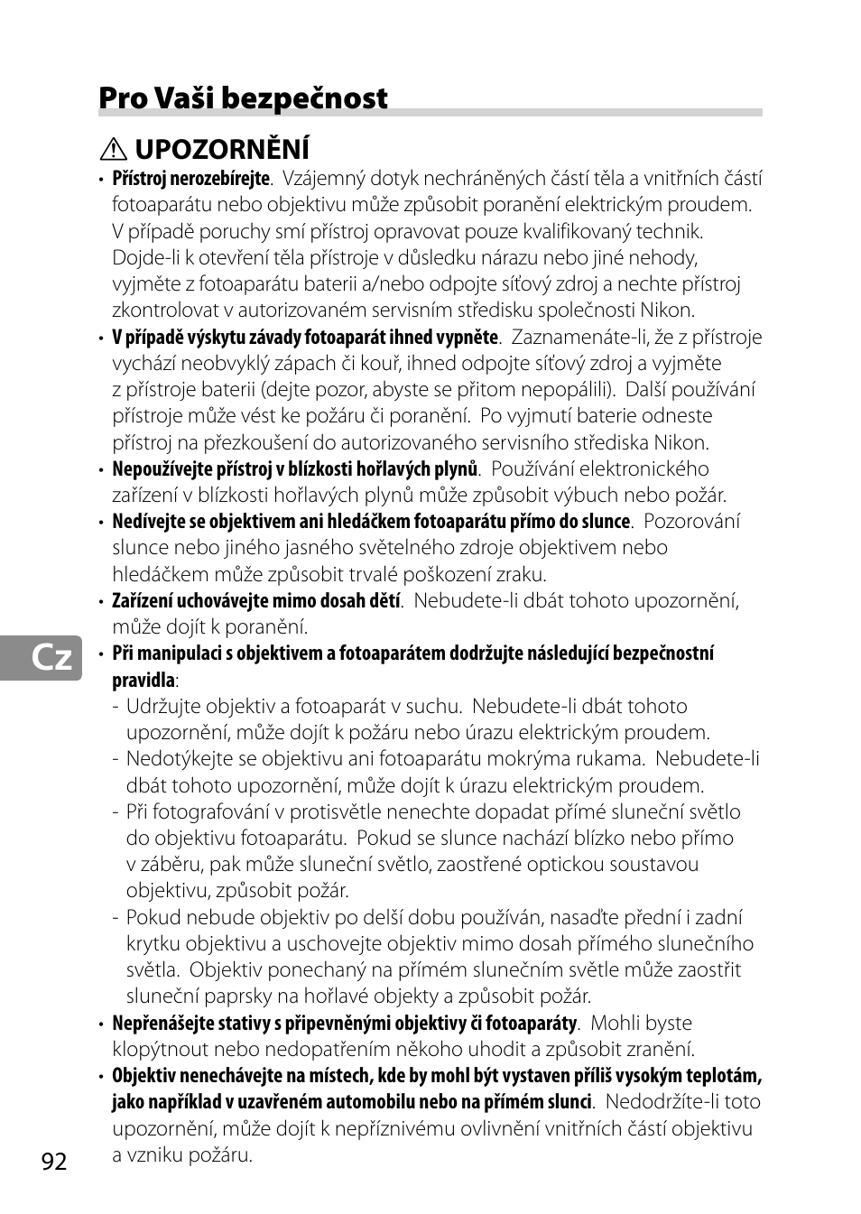 Pro vaši bezpečnost, Upozornění | Nikon AF-S 28mm f-1.8G User Manual | Page 92 / 176