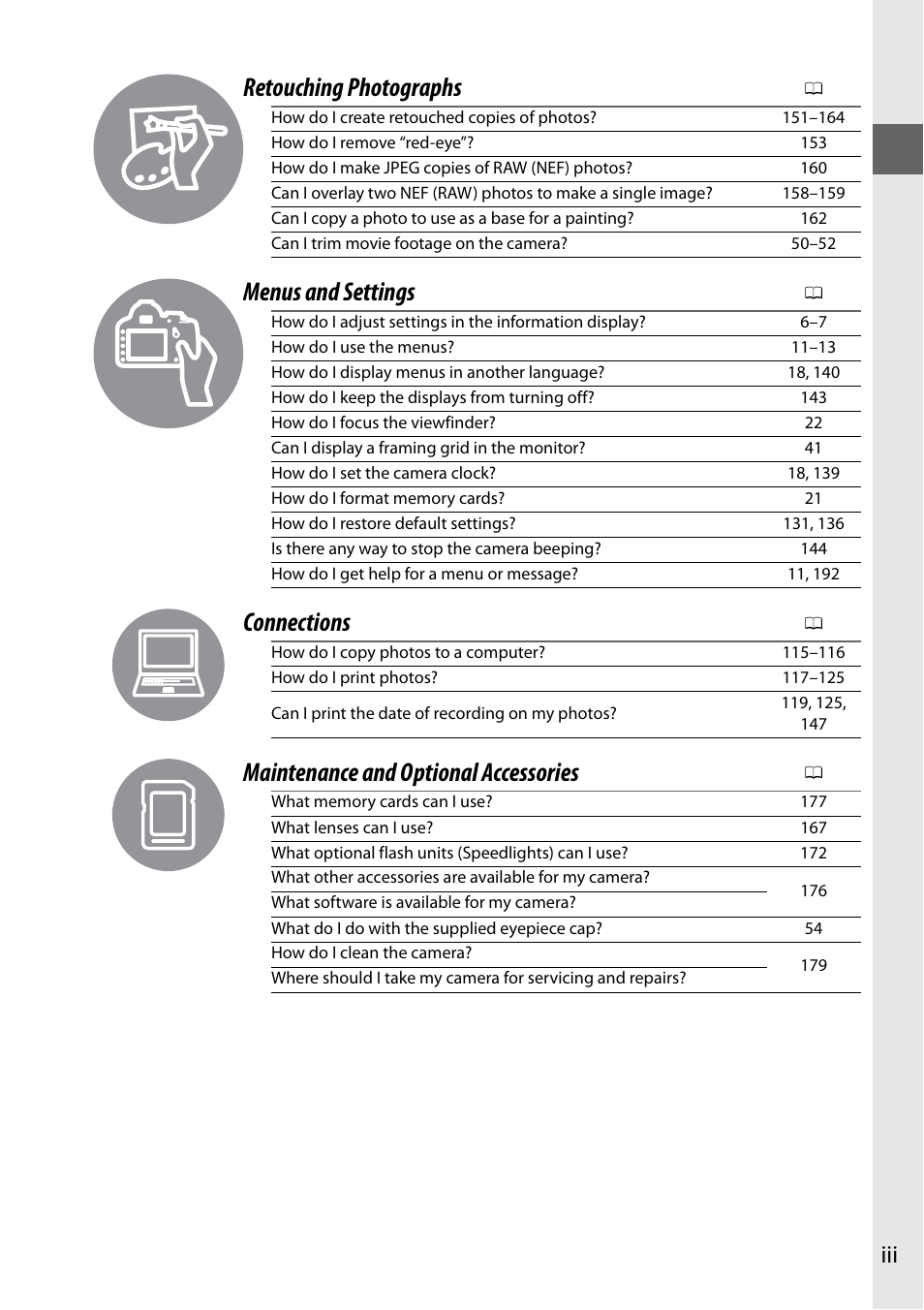 Retouching photographs, Menus and settings, Connections | Maintenance and optional accessories | Nikon D3100 User Manual | Page 5 / 224