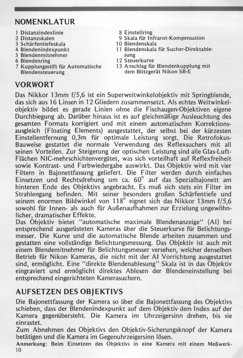 Vorwort, Aufsetzen des objektivs, Nomenklatur | Nikon NIKKOR 13mm f-5.6 User Manual | Page 10 / 20