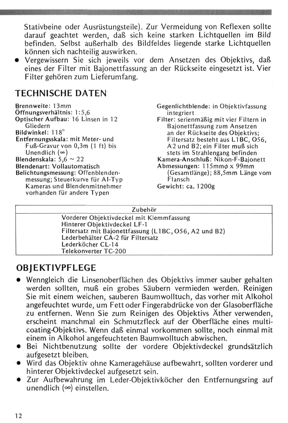Technische daten, Objektivpflege | Nikon NIKKOR 13mm f-5.6 User Manual | Page 12 / 20