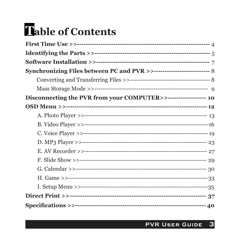 Able of contents | Audiovox PVR1000 User Manual | Page 3 / 42