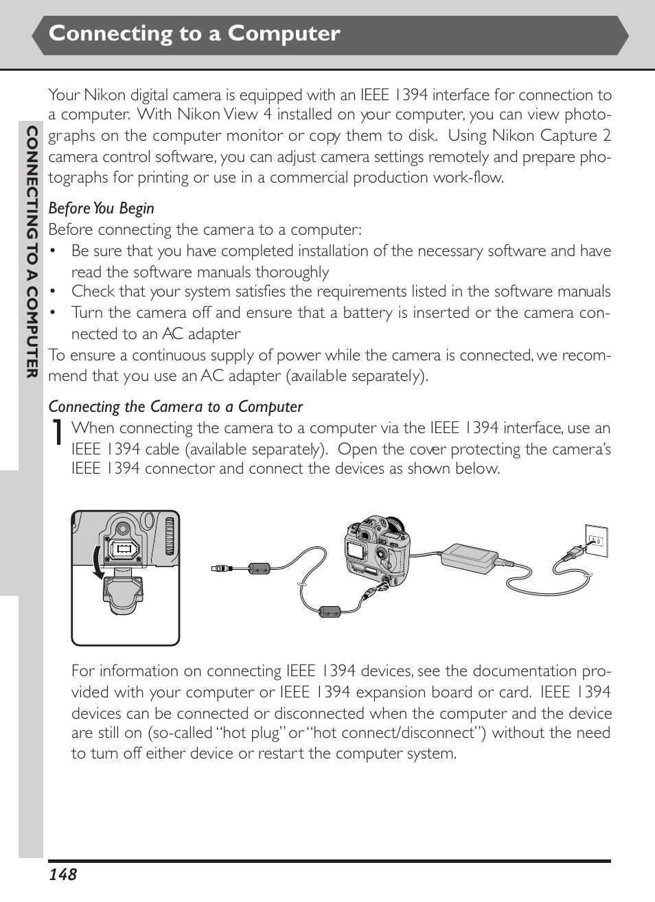 Connecting to a computer | Nikon D1X User Manual | Page 161 / 236