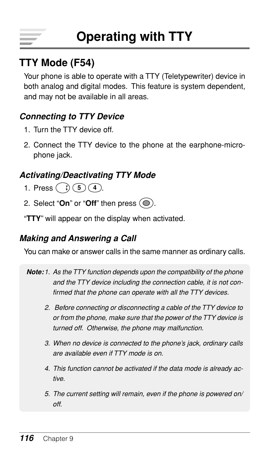 Operating with tty, Tty mode (f54), Connecting to tty device | Activating/deactivating tty mode, Making and answering a call | Audiovox CDM9500 User Manual | Page 117 / 145
