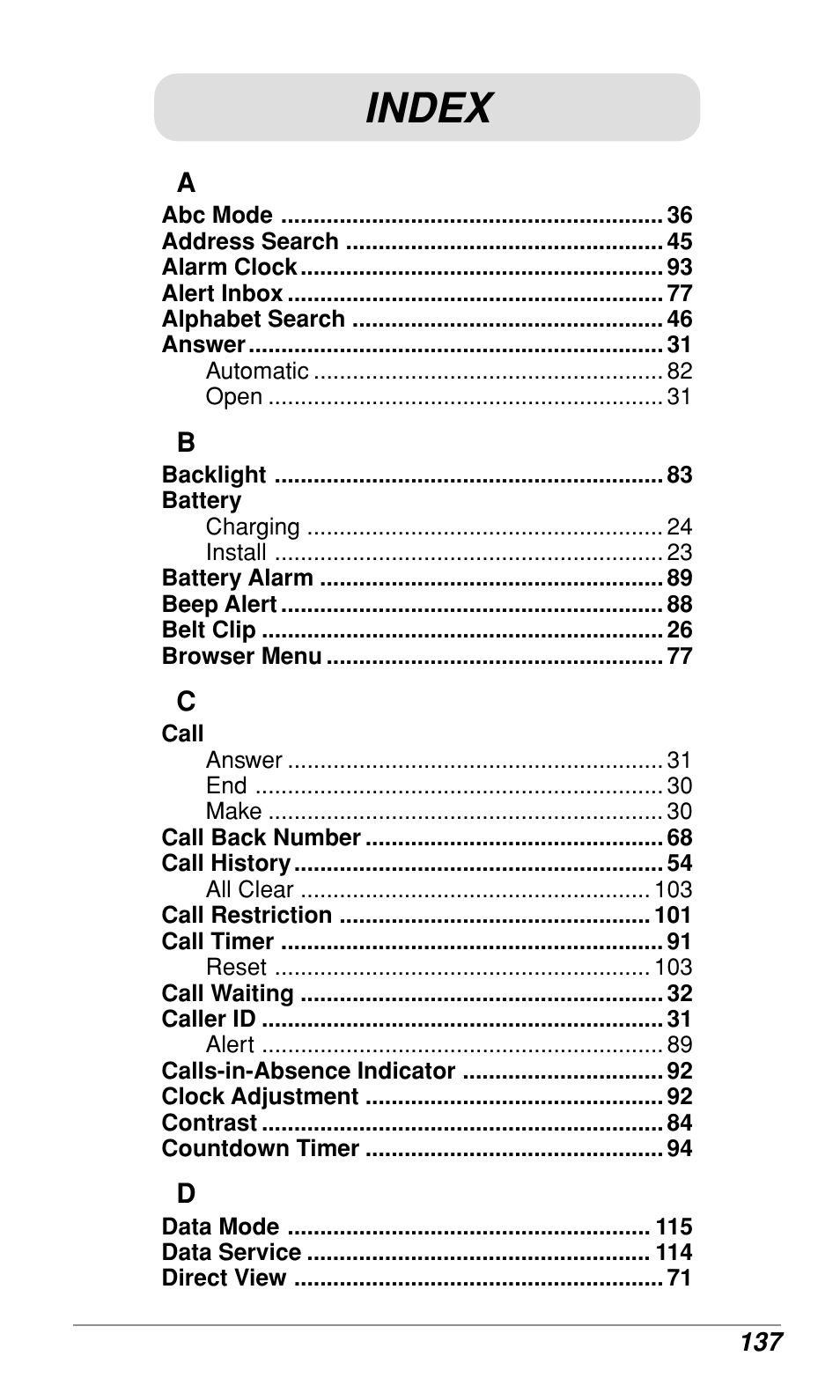 Index | Audiovox CDM9500 User Manual | Page 138 / 145