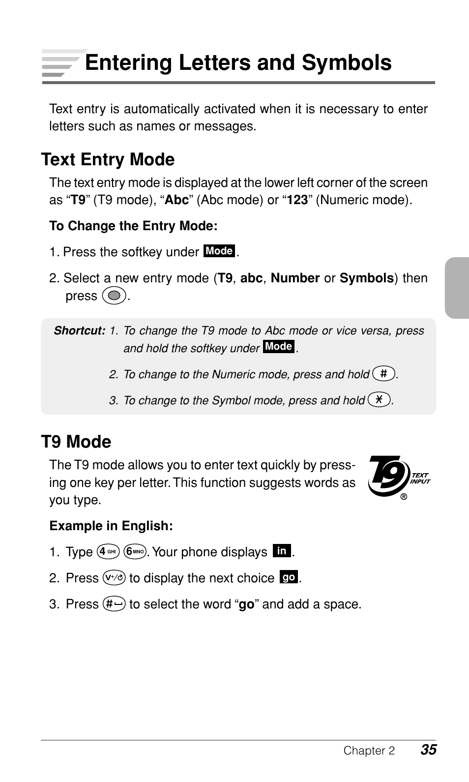 Entering letters and symbols, Text entry mode, T9 mode | Audiovox CDM9500 User Manual | Page 36 / 145