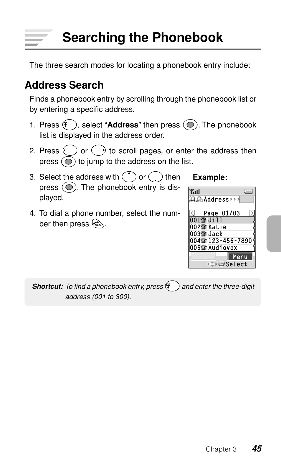 Searching the phonebook, Address search | Audiovox CDM9500 User Manual | Page 46 / 145