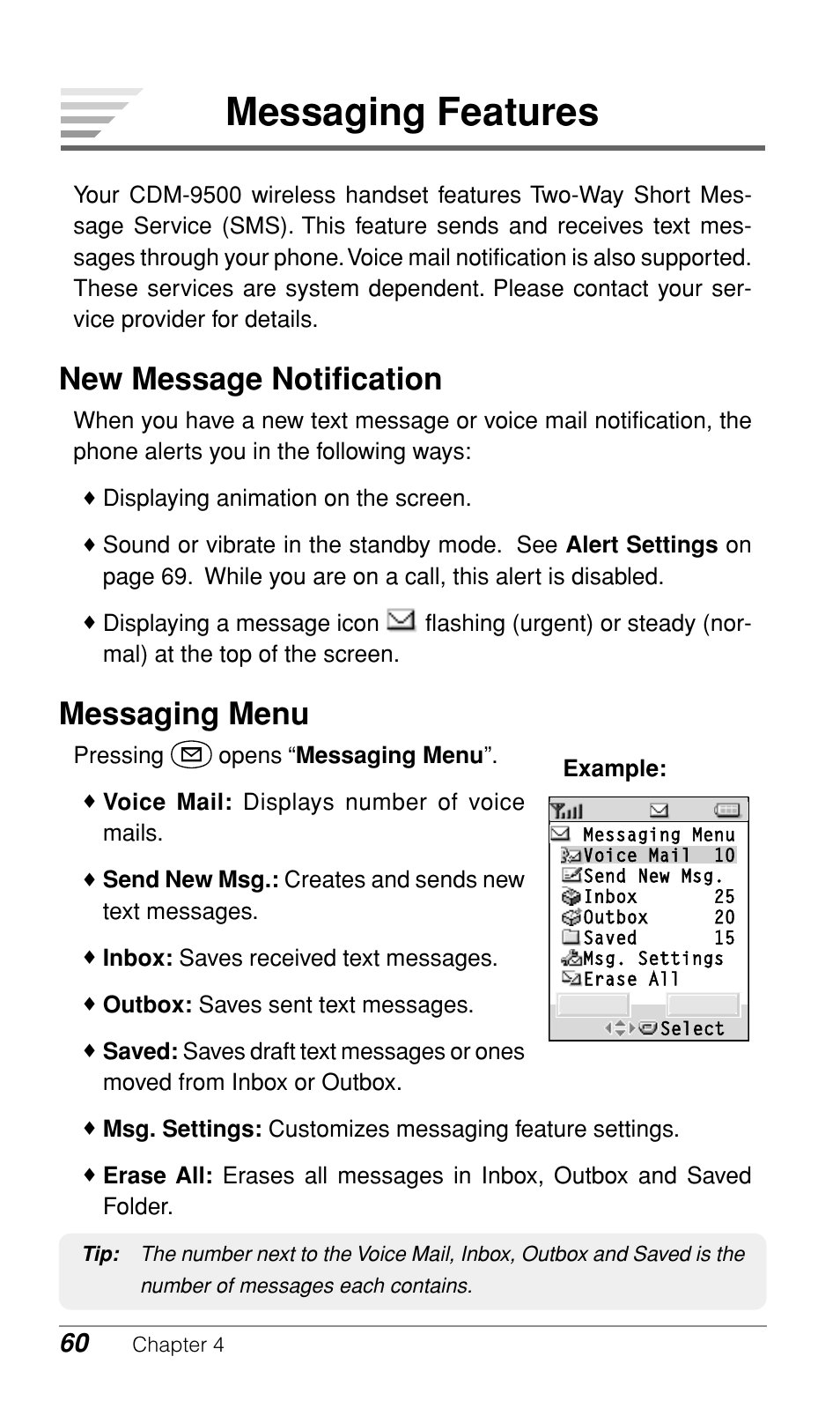 Messaging features, New message notification, Messaging menu | Audiovox CDM9500 User Manual | Page 61 / 145