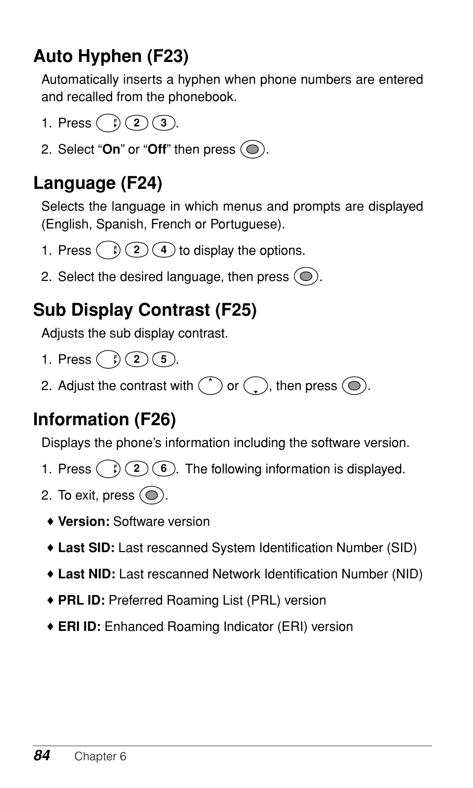 Auto hyphen (f23), Language (f24), Sub display contrast (f25) | Information (f26) | Audiovox CDM9500 User Manual | Page 85 / 145
