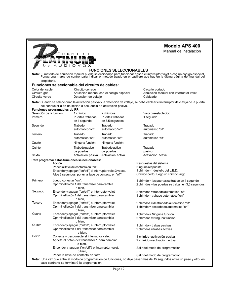 Modelo aps 400 | Audiovox Prestige Platinum 128-4634D User Manual | Page 17 / 24