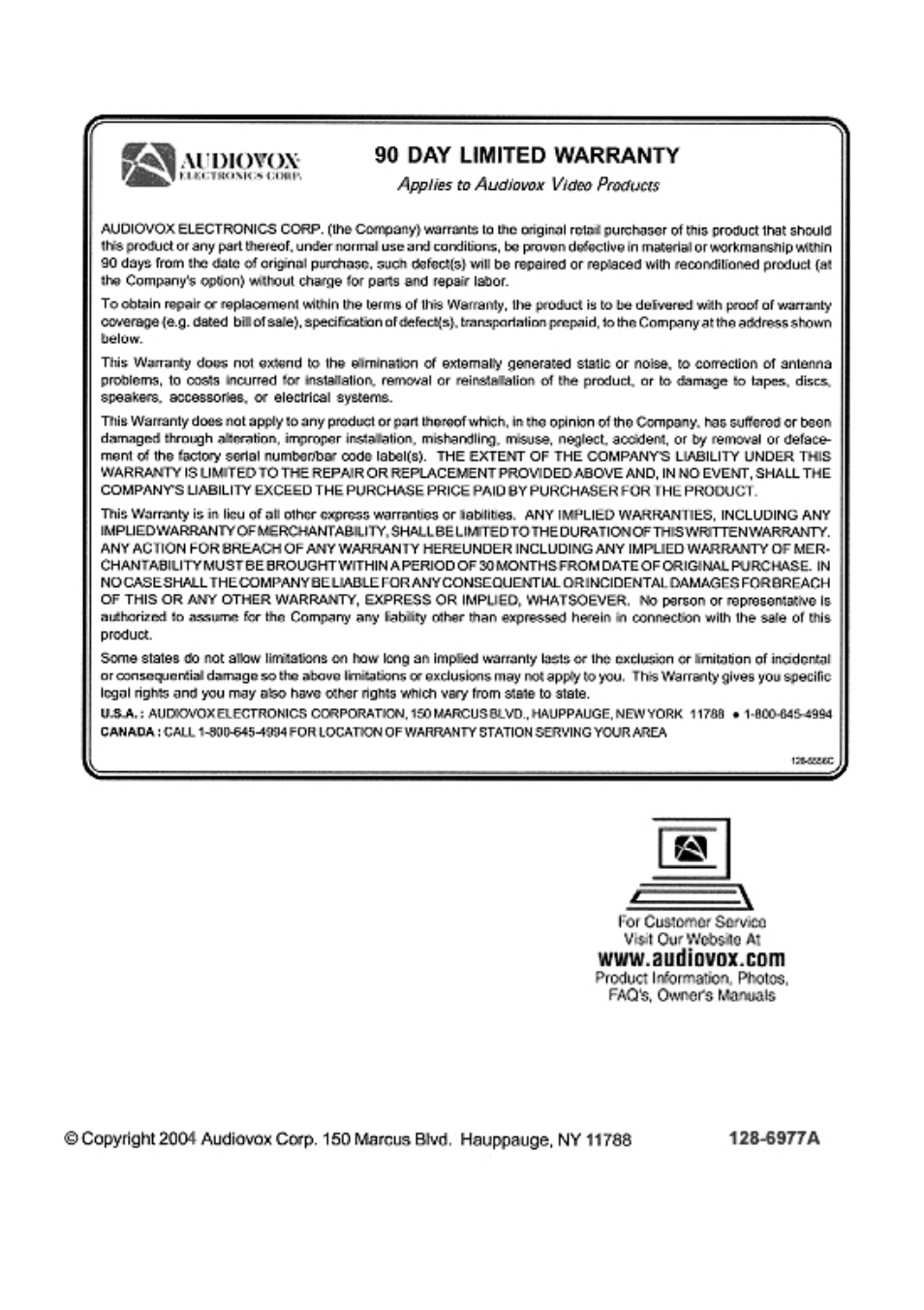 Audiovox VE705 User Manual | Page 20 / 20