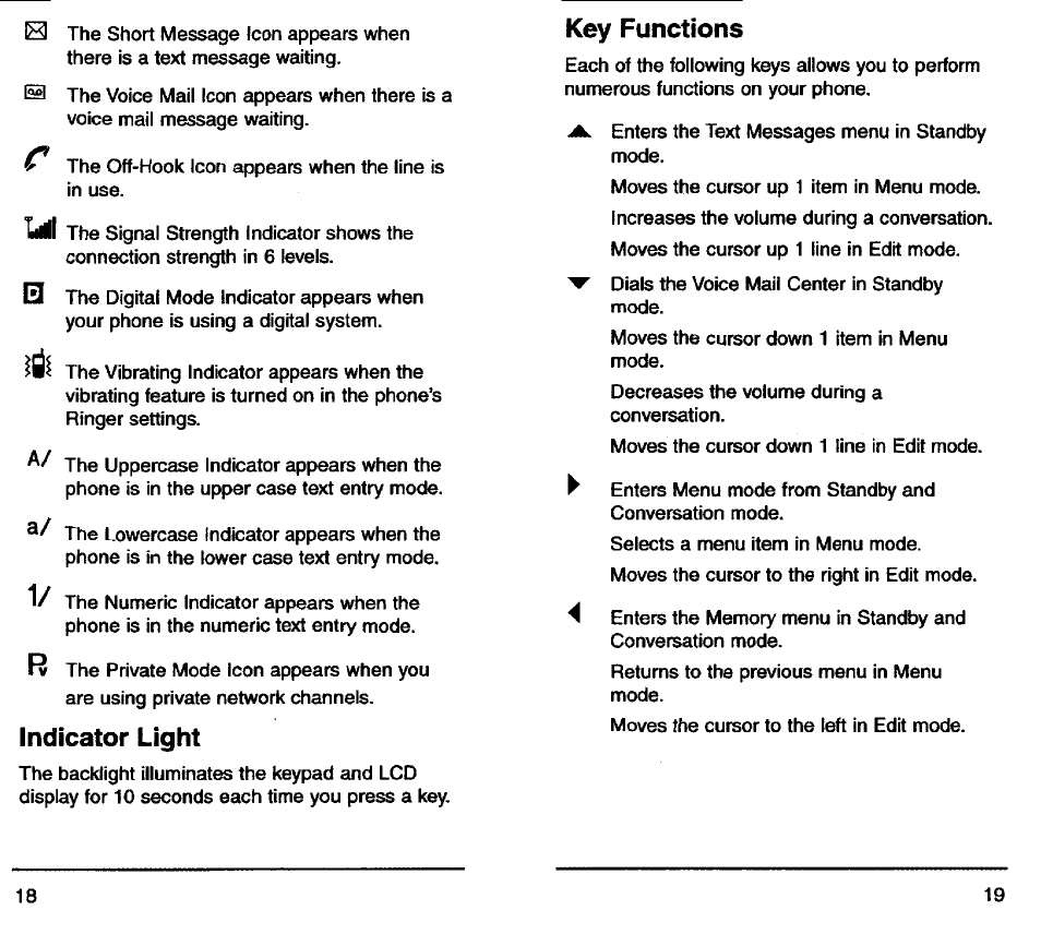 Indicator light, Key functions | Audiovox TDM-2500 User Manual | Page 11 / 40