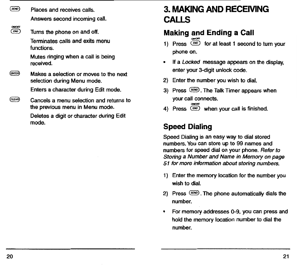 Making and receiving calls, Making and ending a call, Speed dialing | Audiovox TDM-2500 User Manual | Page 12 / 40