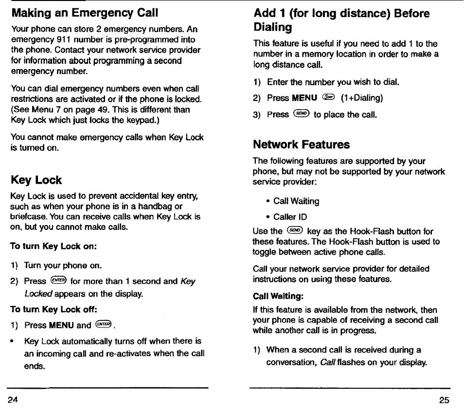 Making an emergency call, Key lock, Add 1 (for long distance) before dialing | Network features | Audiovox TDM-2500 User Manual | Page 14 / 40