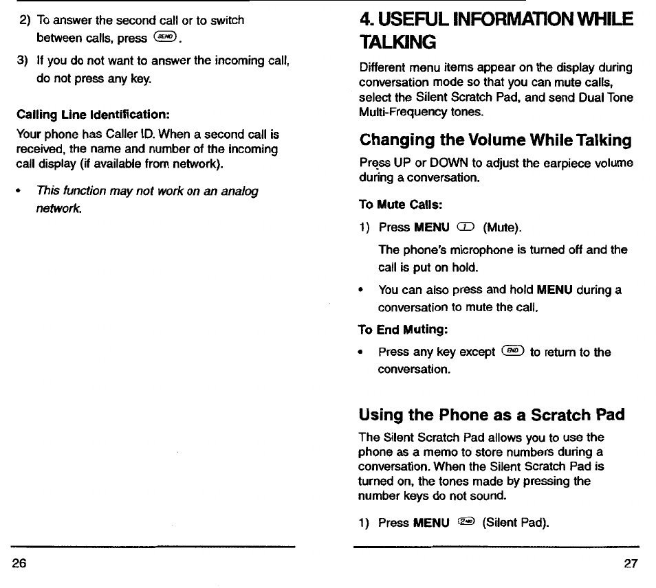 Useful information while talking, Changing the volume while talking, Using the phone as a scratch pad | Audiovox TDM-2500 User Manual | Page 15 / 40