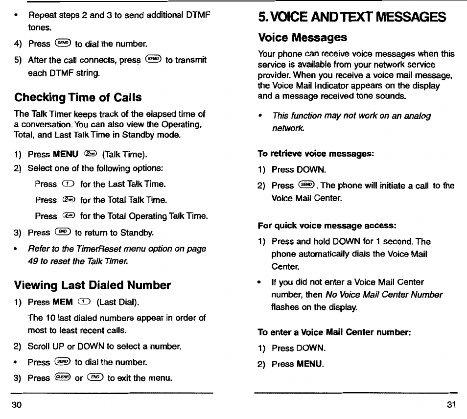 Voice and text messages, Checking time of calls, Viewing last dialed number | Voice messages | Audiovox TDM-2500 User Manual | Page 17 / 40