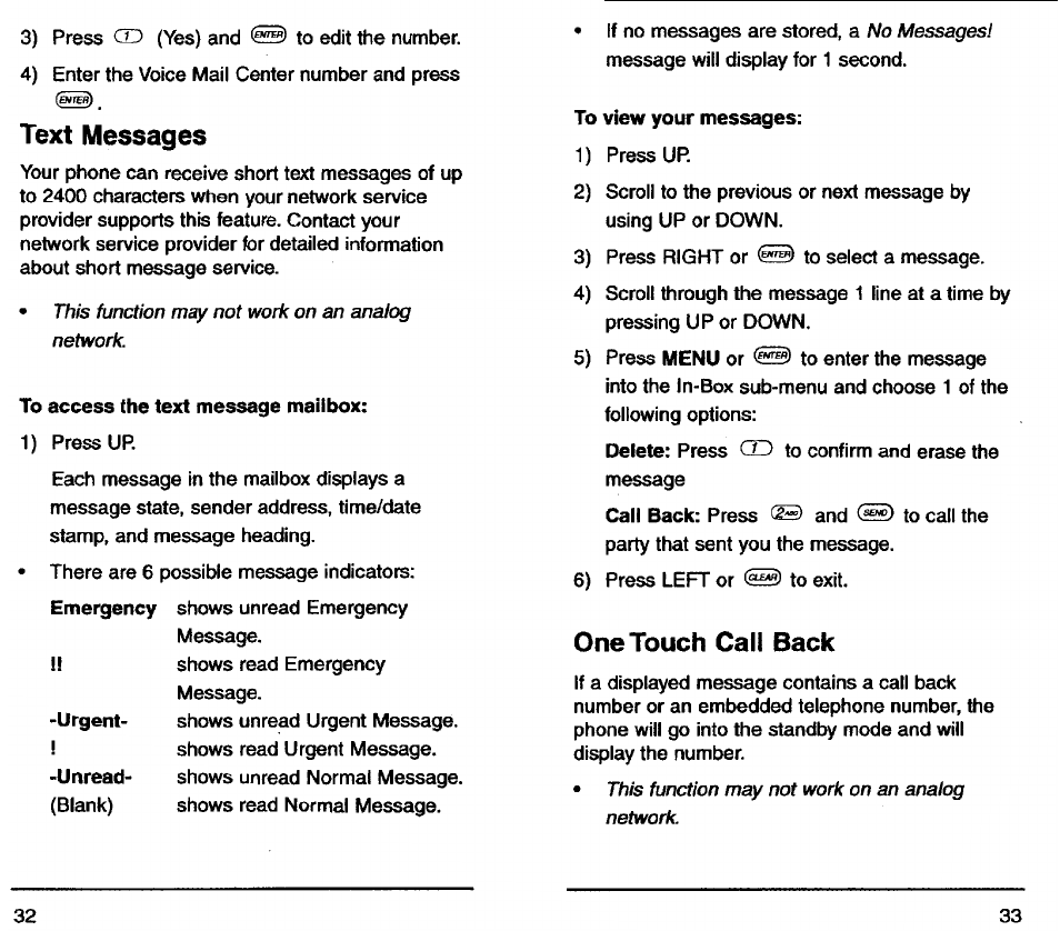 Text messages, One touch cali back | Audiovox TDM-2500 User Manual | Page 18 / 40