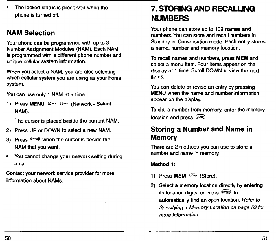 Storing and recalung numbers, Nam selection | Audiovox TDM-2500 User Manual | Page 27 / 40