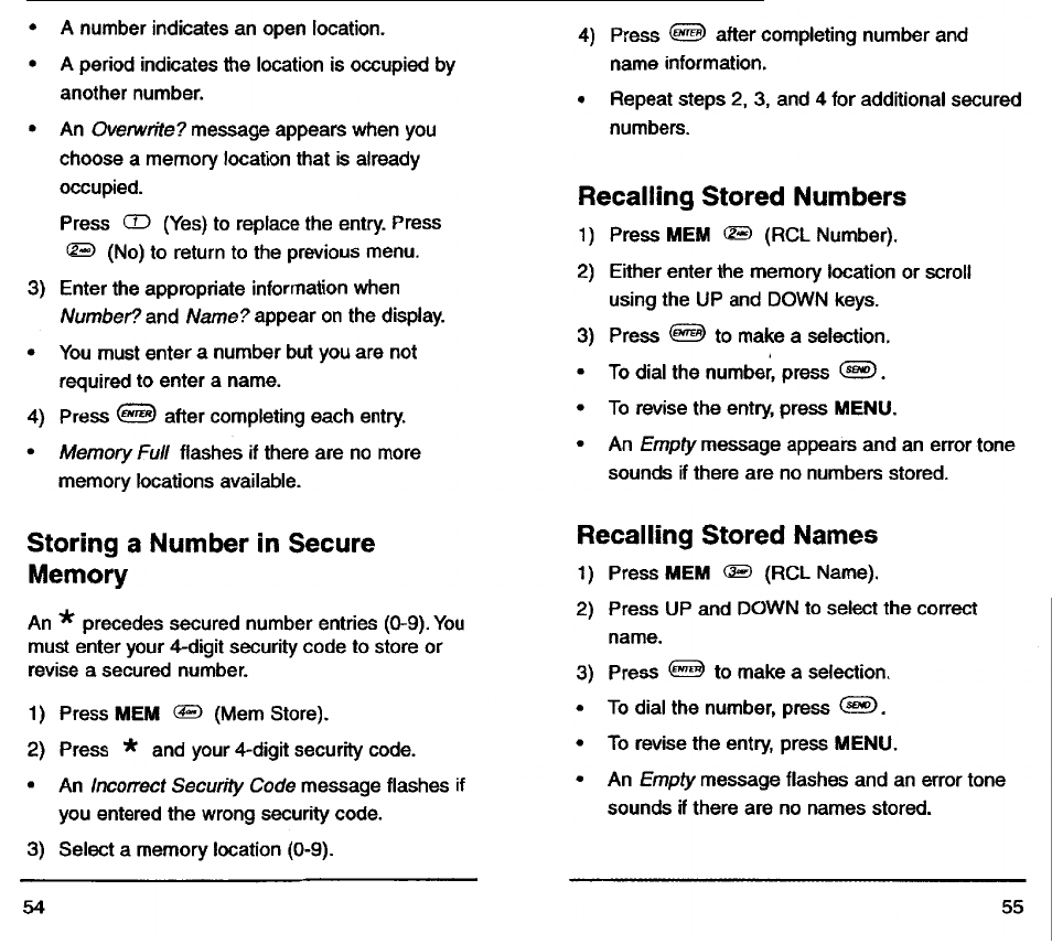 Recalling stored numbers, Recalling stored names | Audiovox TDM-2500 User Manual | Page 29 / 40