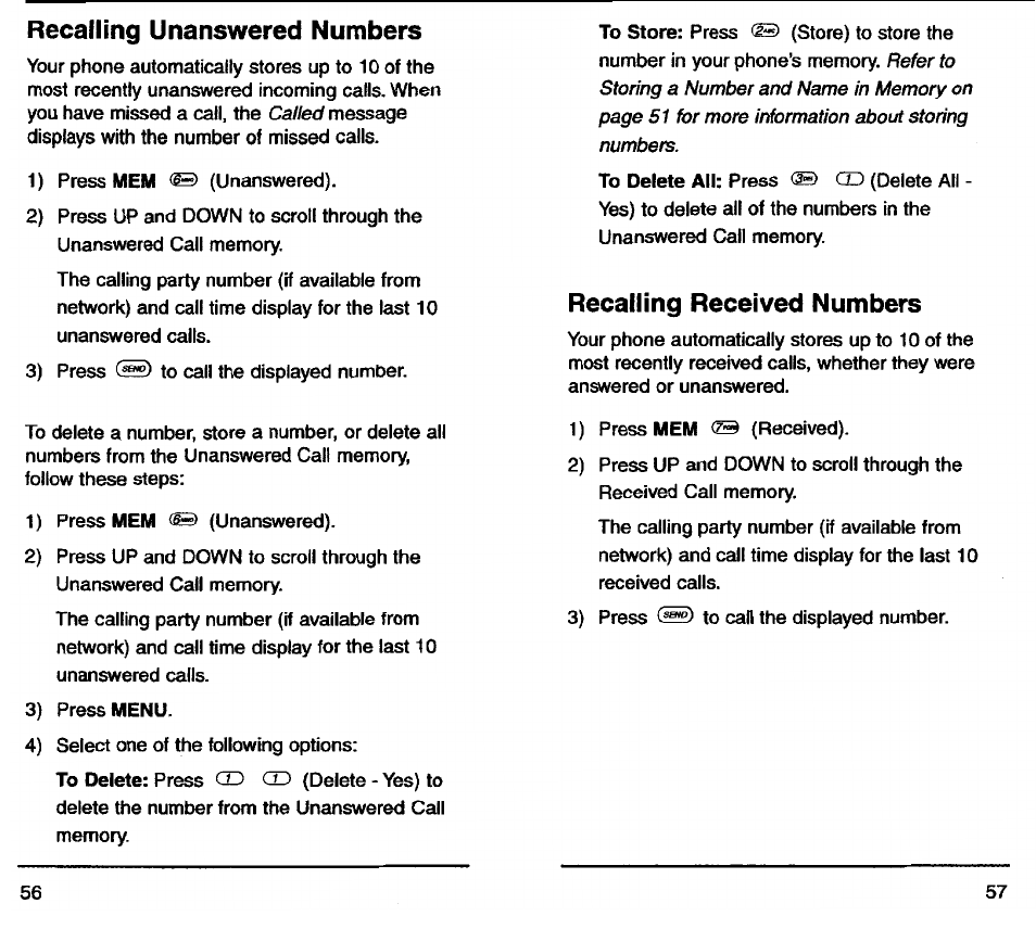 Recalling unanswered numbers, Recalling received numbers | Audiovox TDM-2500 User Manual | Page 30 / 40