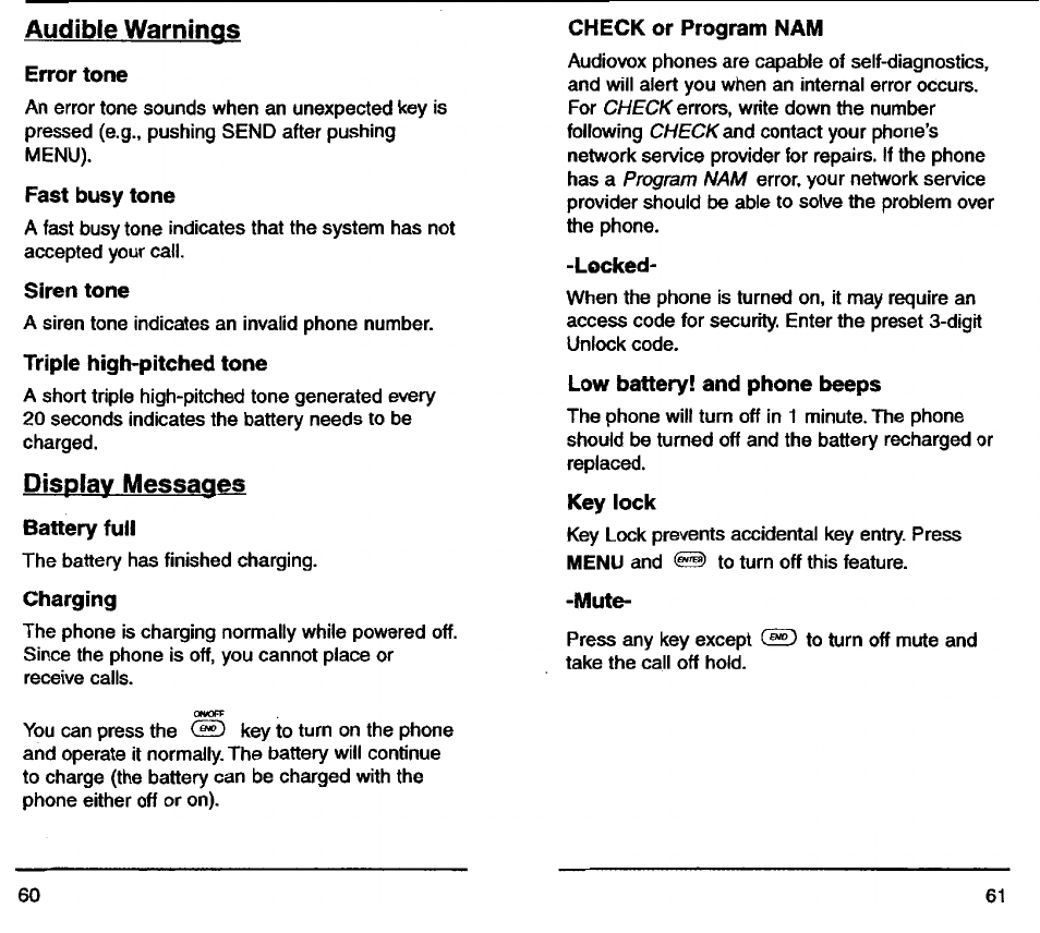 Audible warnings, Display messages | Audiovox TDM-2500 User Manual | Page 32 / 40