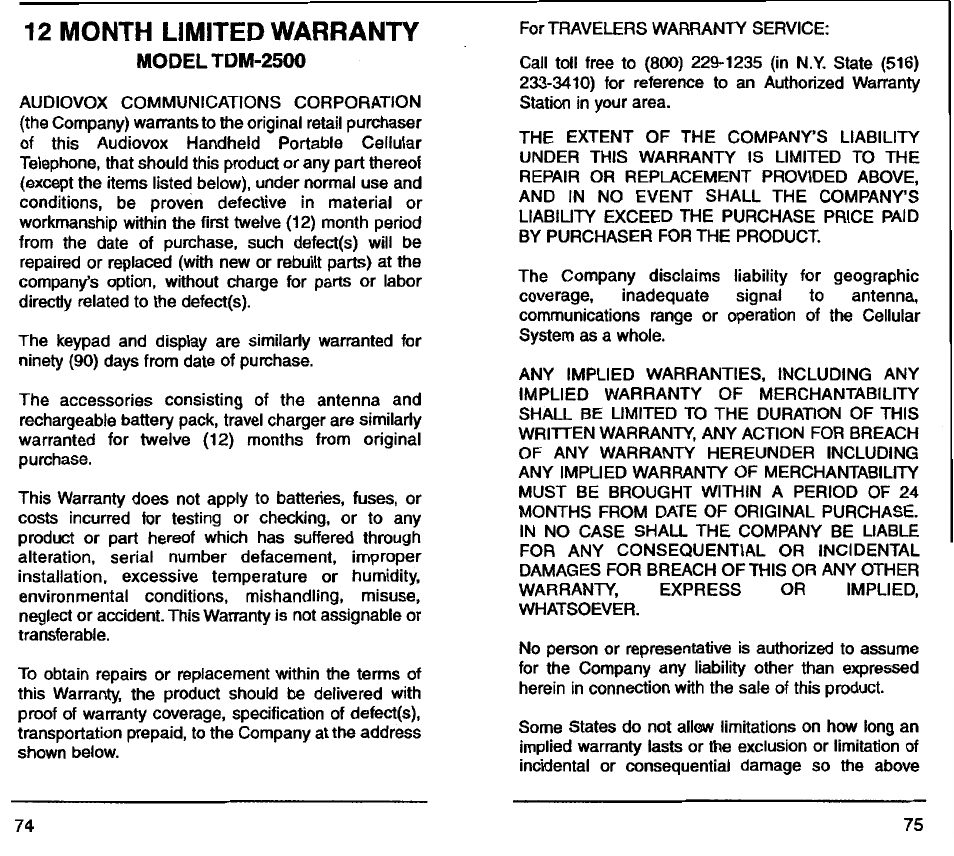 12 month limited warranty | Audiovox TDM-2500 User Manual | Page 39 / 40