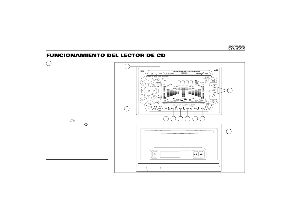 Funcionamiento del lector de cd, Abrir/cerrar/apertura de disco | Audiovox Jensen Phase Linear UMP9020 User Manual | Page 29 / 59