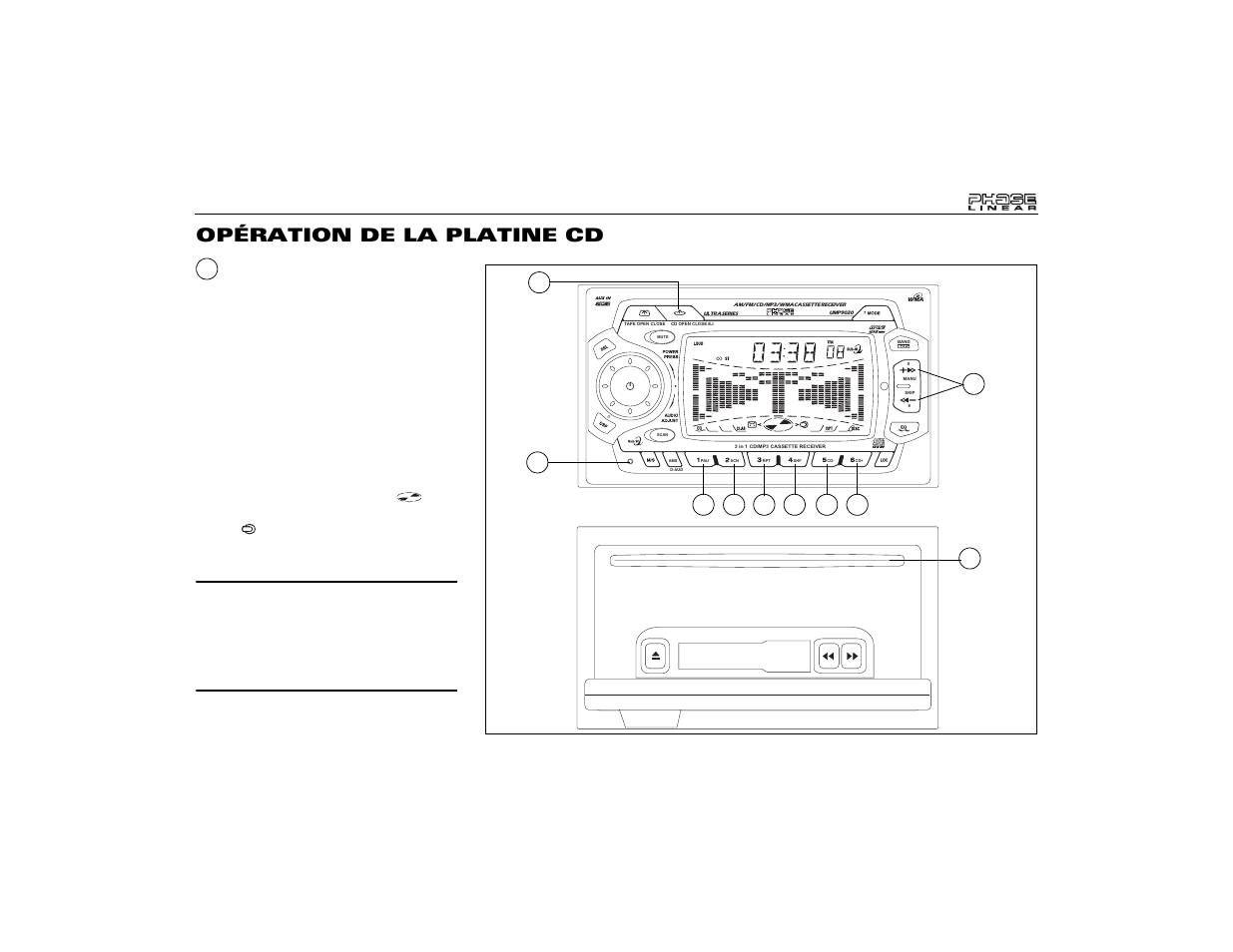 Opération de la platine cd, Fente cd ouvert/fermé/ disque | Audiovox Jensen Phase Linear UMP9020 User Manual | Page 49 / 59