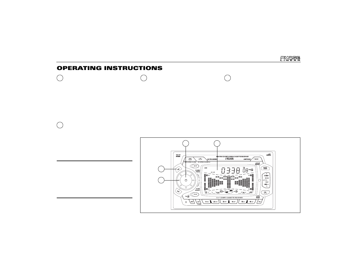 Operating instructions, Power on/off button, Liquid crystal display panel | Volume control, Audio control (sel) | Audiovox Jensen Phase Linear UMP9020 User Manual | Page 5 / 59