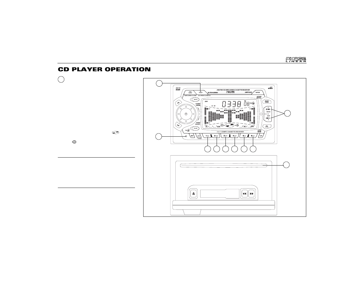 Cd player operation, Cd open/close/disc slot | Audiovox Jensen Phase Linear UMP9020 User Manual | Page 9 / 59