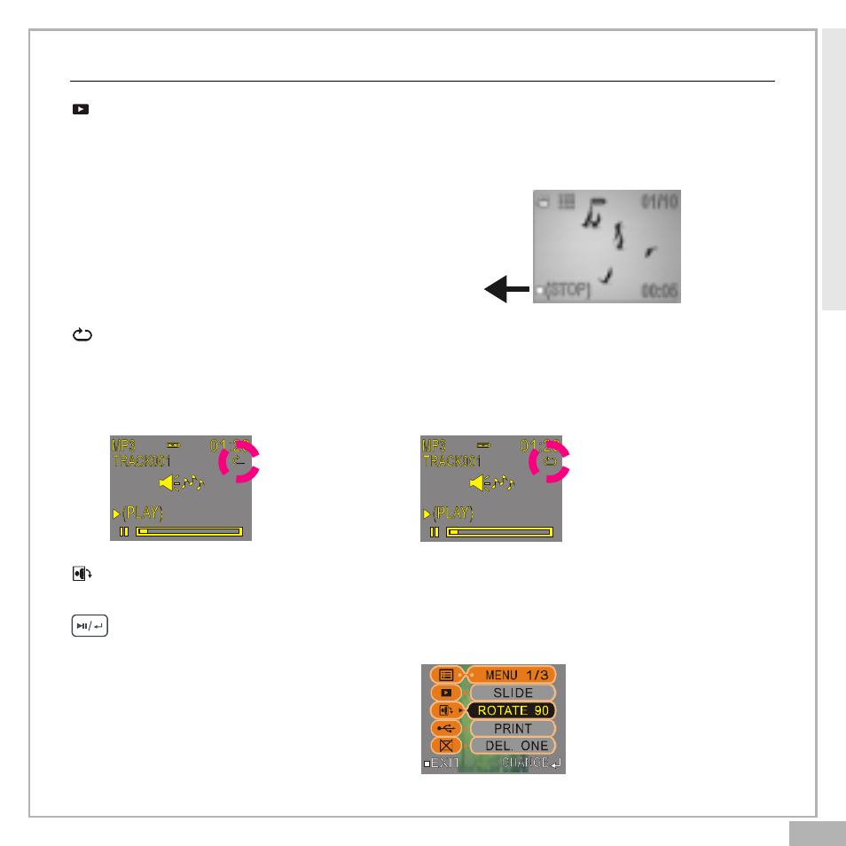 Menu, Slide show, Repeat on/off | Rotate on/off | Audiovox DC500 User Manual | Page 33 / 39
