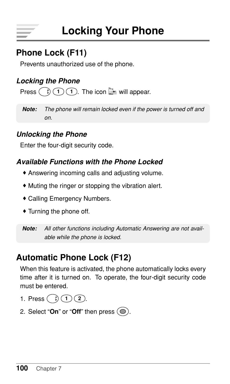 Locking your phone, Phone lock (f11), Automatic phone lock (f12) | Locking the phone, Unlocking the phone, Available functions with the phone locked | Audiovox CDM-9500 User Manual | Page 101 / 145