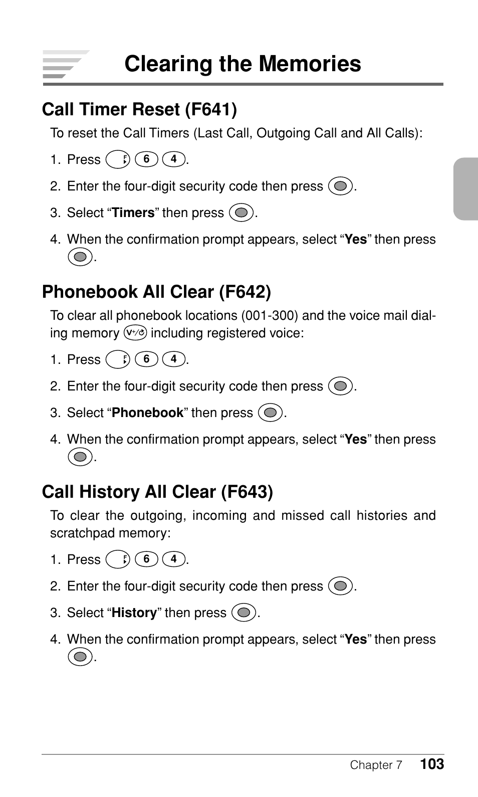 Call timer reset (f641), Phonebook all clear (f642), Call history all clear (f643) | Audiovox CDM-9500 User Manual | Page 104 / 145