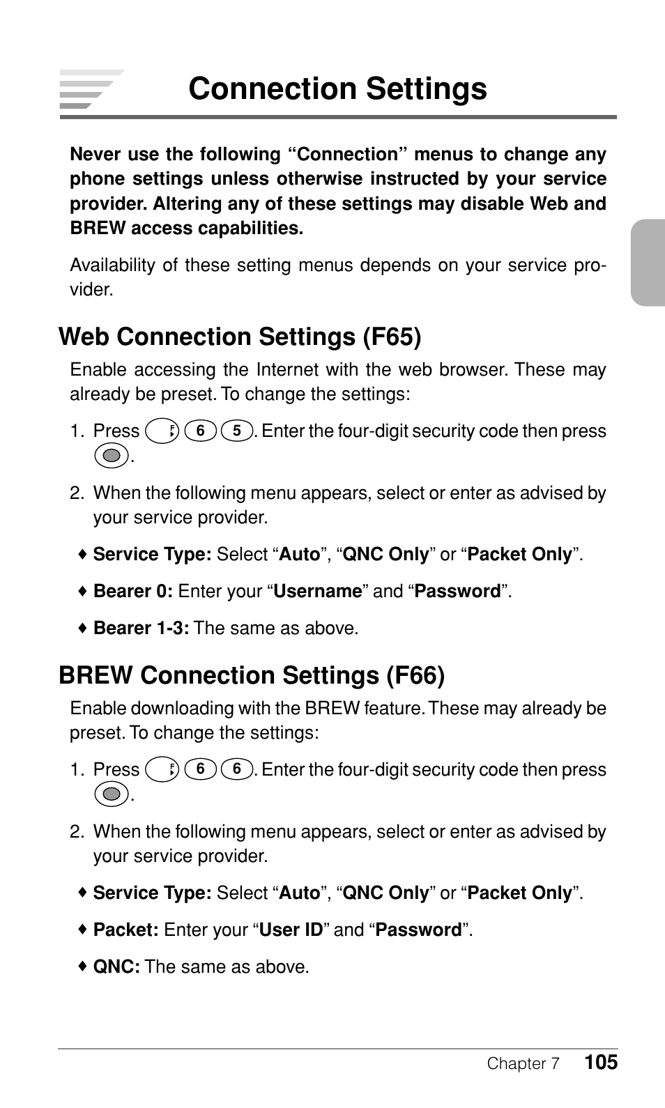 Connection settings, Web connection settings (f65), Brew connection settings (f66) | Audiovox CDM-9500 User Manual | Page 106 / 145