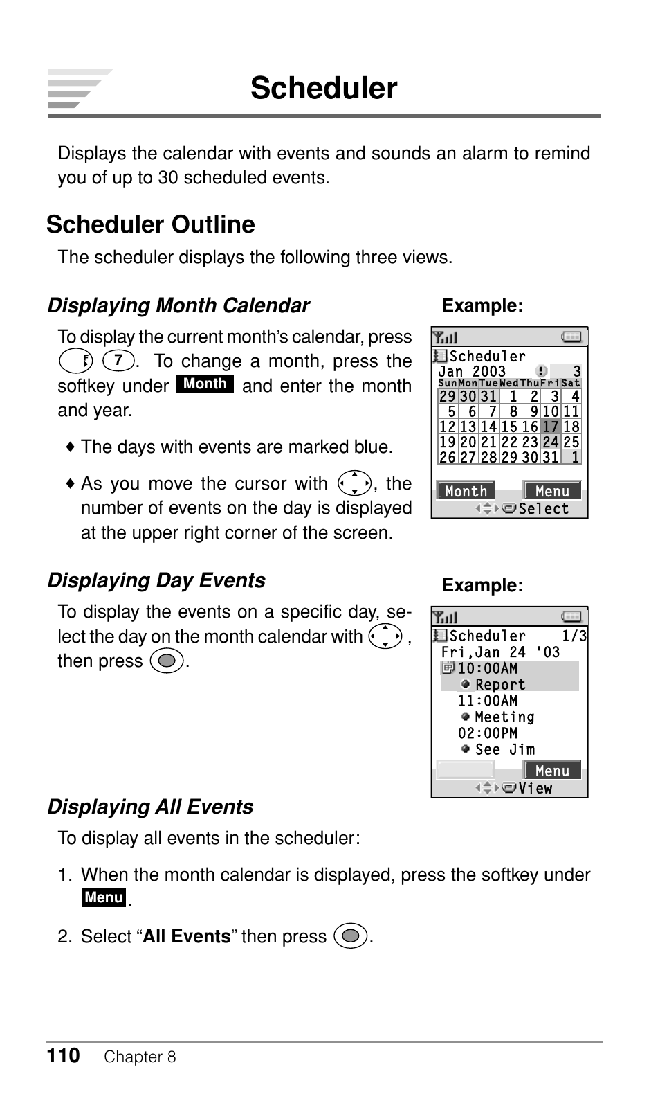 Scheduler, Scheduler outline, Displaying month calendar | Displaying day events, Displaying all events | Audiovox CDM-9500 User Manual | Page 111 / 145