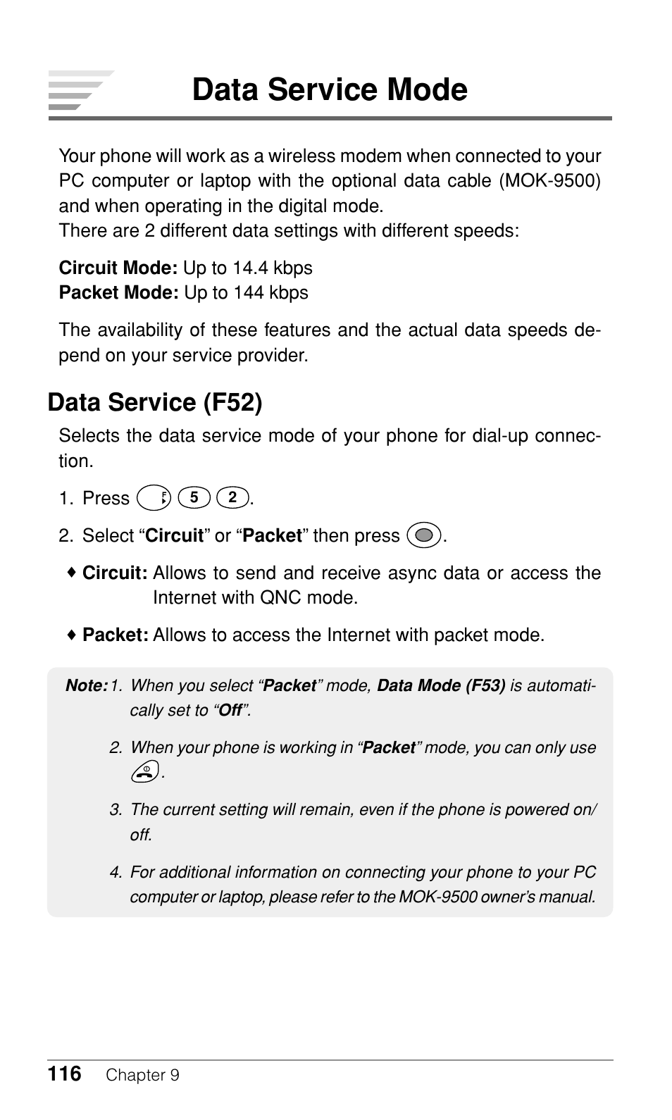 Data service mode, Data service (f52) | Audiovox CDM-9500 User Manual | Page 117 / 145