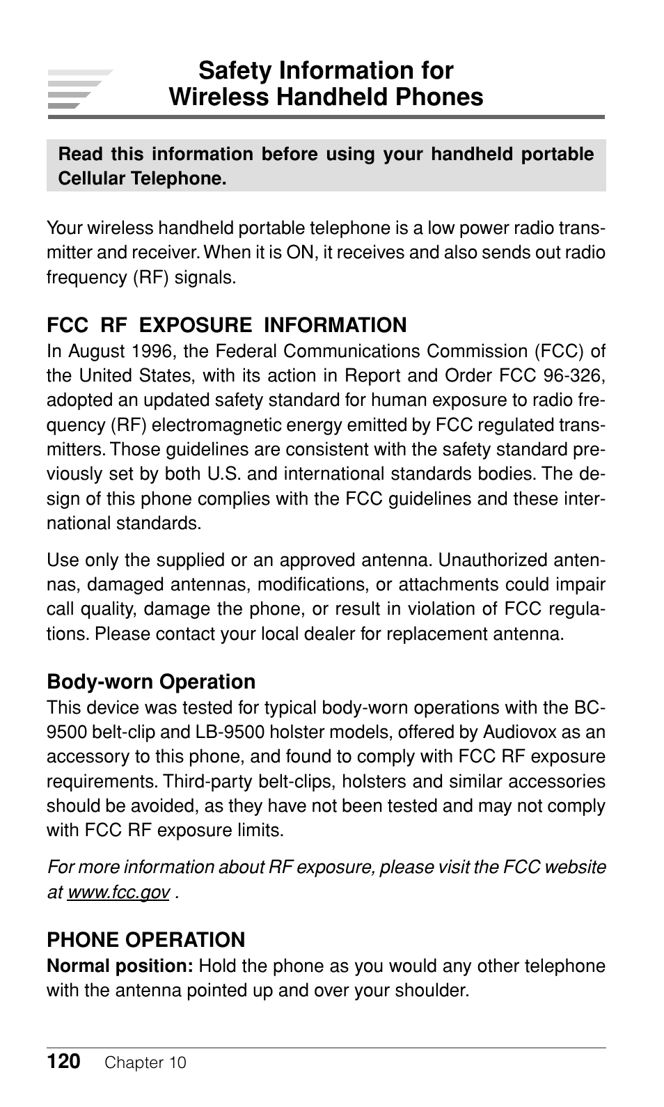 Safety information for wireless handheld phones | Audiovox CDM-9500 User Manual | Page 121 / 145