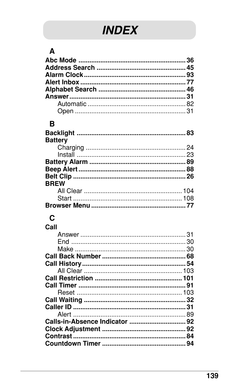 Index | Audiovox CDM-9500 User Manual | Page 140 / 145