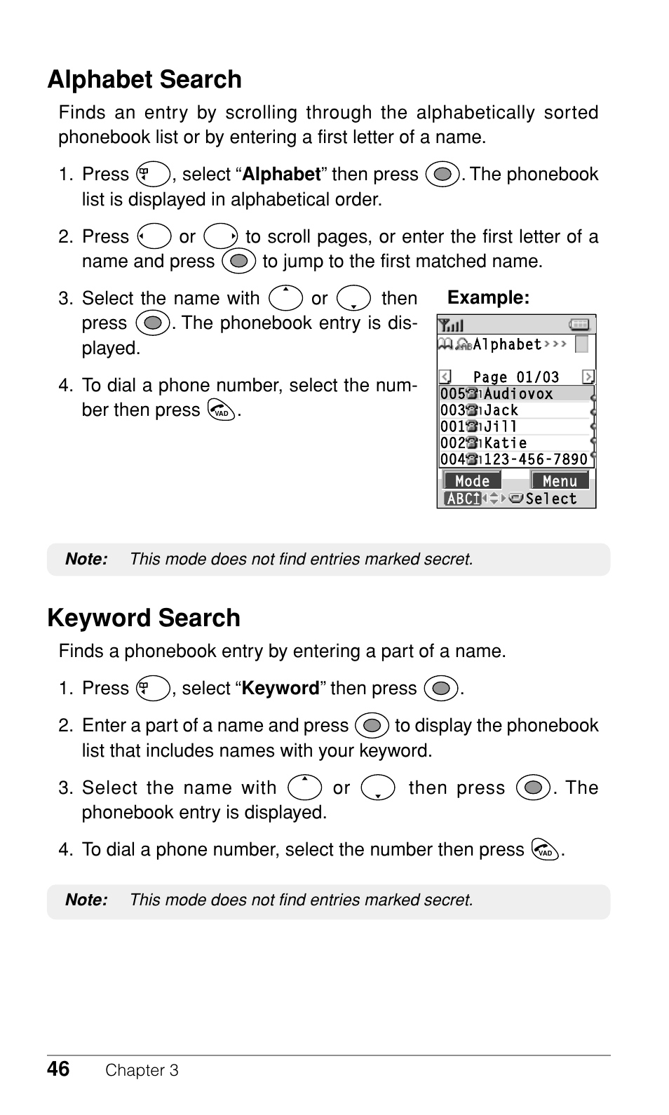 Alphabet search, Keyword search | Audiovox CDM-9500 User Manual | Page 47 / 145