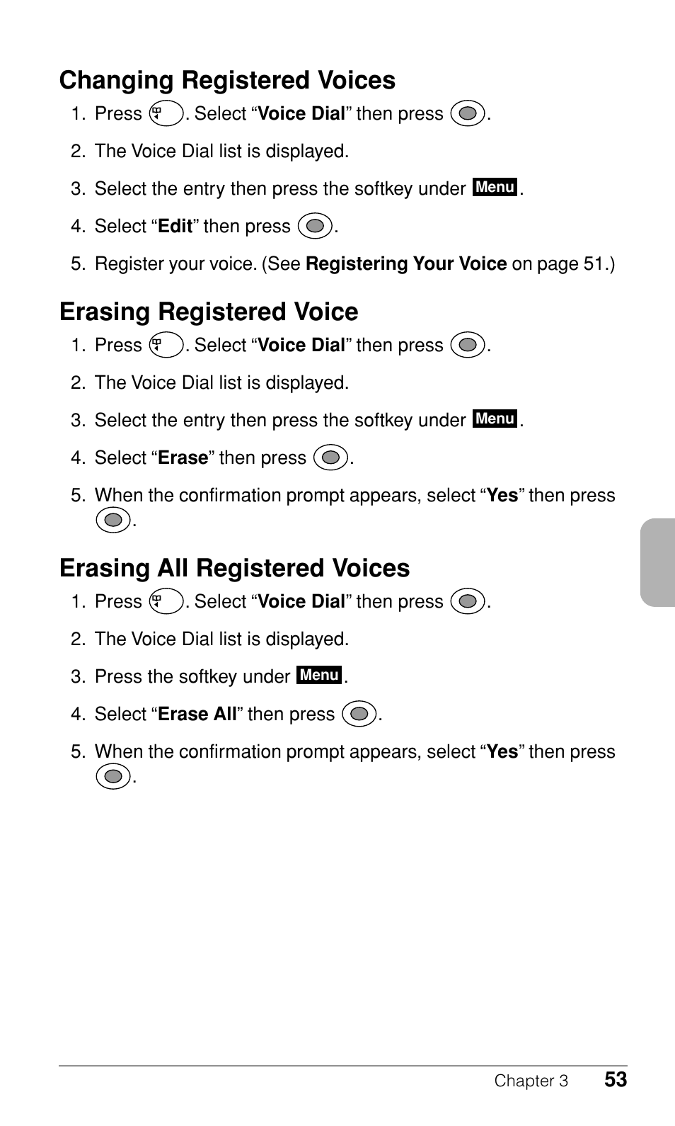 Changing registered voices, Erasing registered voice, Erasing all registered voices | Audiovox CDM-9500 User Manual | Page 54 / 145