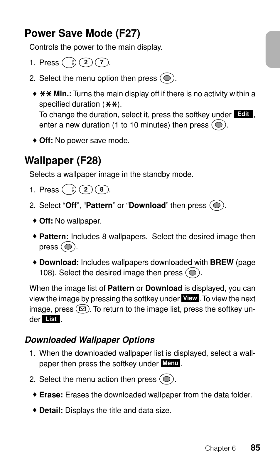 Power save mode (f27), Wallpaper (f28), Downloaded wallpaper options | Audiovox CDM-9500 User Manual | Page 86 / 145
