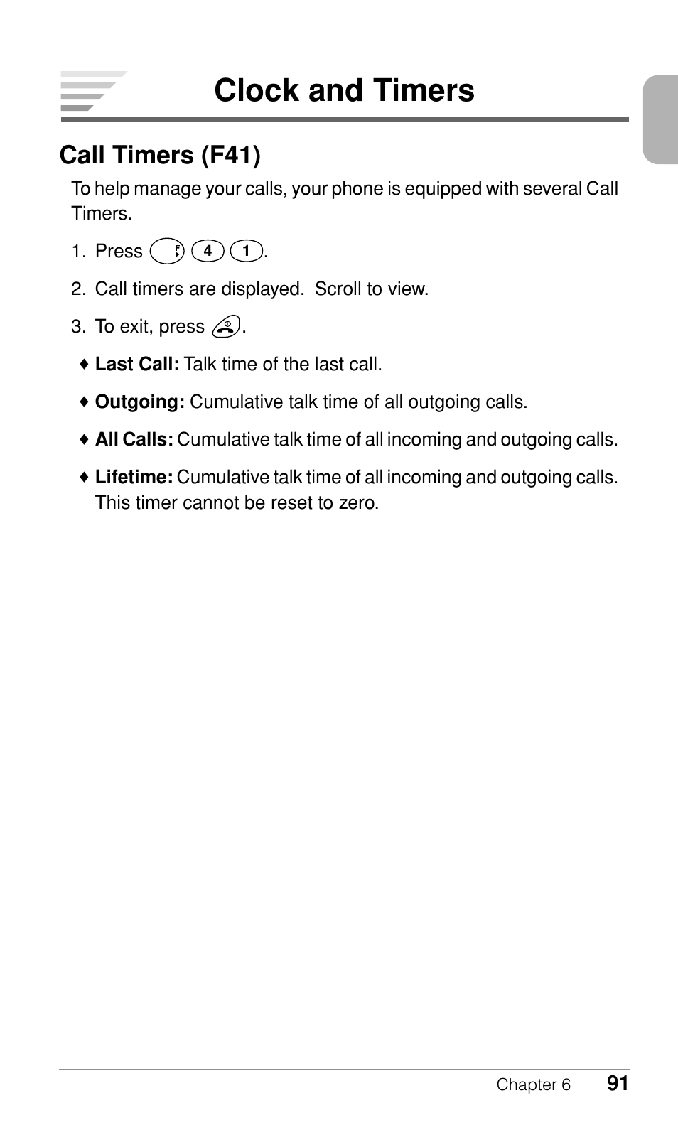 Clock and timers, Call timers (f41) | Audiovox CDM-9500 User Manual | Page 92 / 145