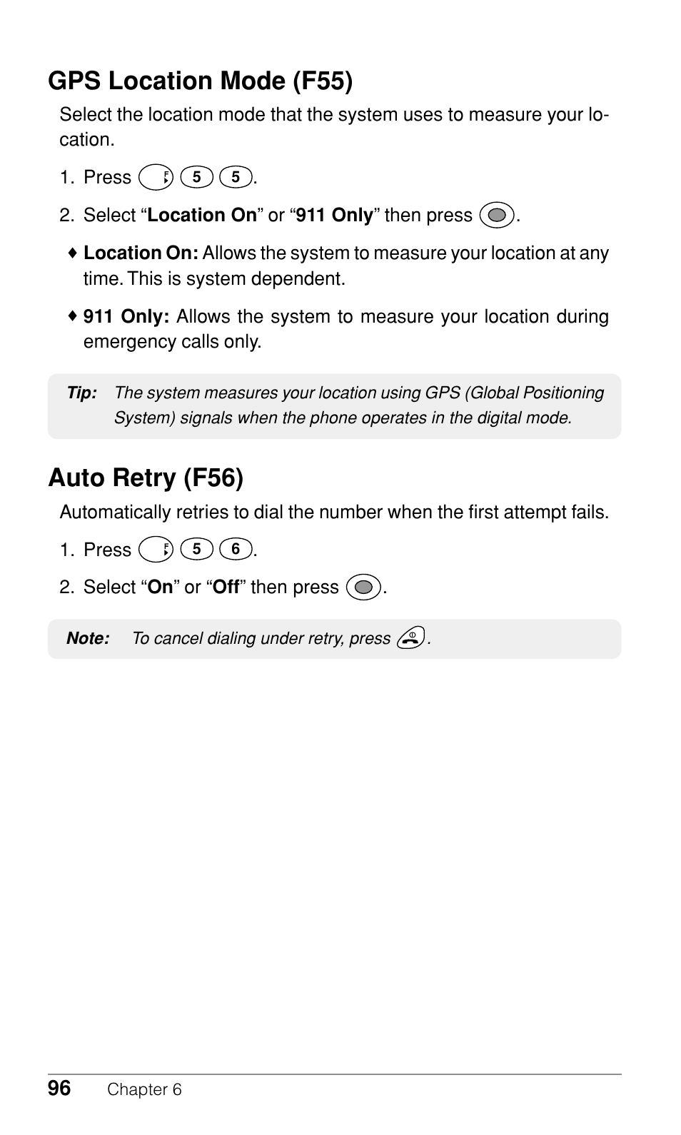 Gps location mode (f55), Auto retry (f56) | Audiovox CDM-9500 User Manual | Page 97 / 145