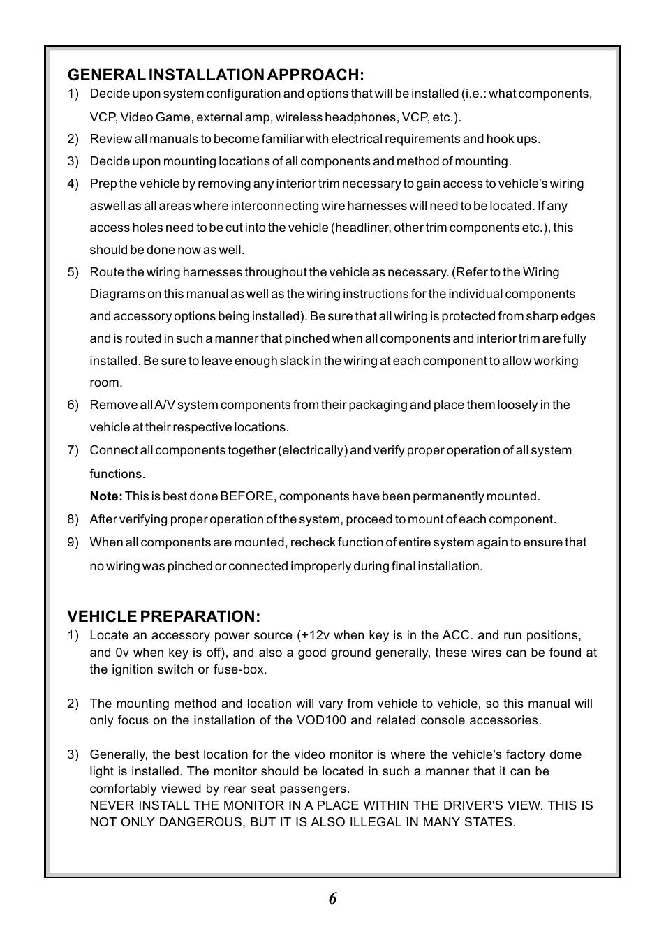 General installation approach, Vehicle preparation | Audiovox Mobile Video VOD100 User Manual | Page 6 / 12
