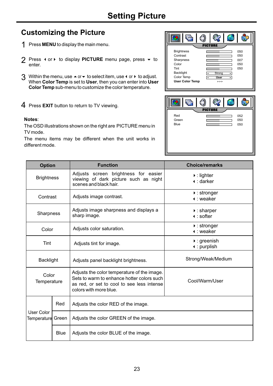 页面 25, Setting picture, Customizing the picture | Audiovox FPE4707HR User Manual | Page 25 / 54