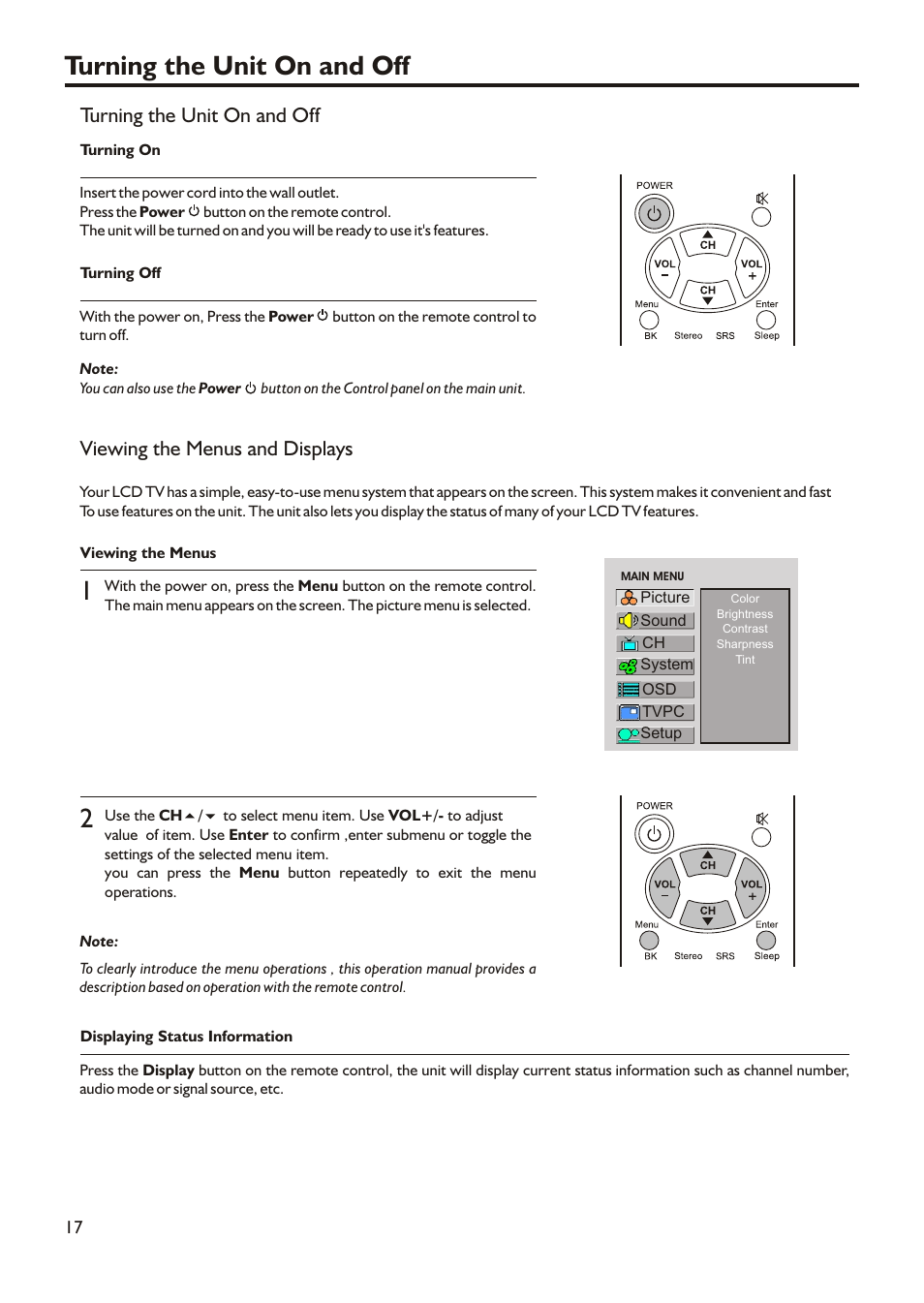 Turning the unit on and off, Viewing the menus and displays | Audiovox FPE2305 User Manual | Page 20 / 42