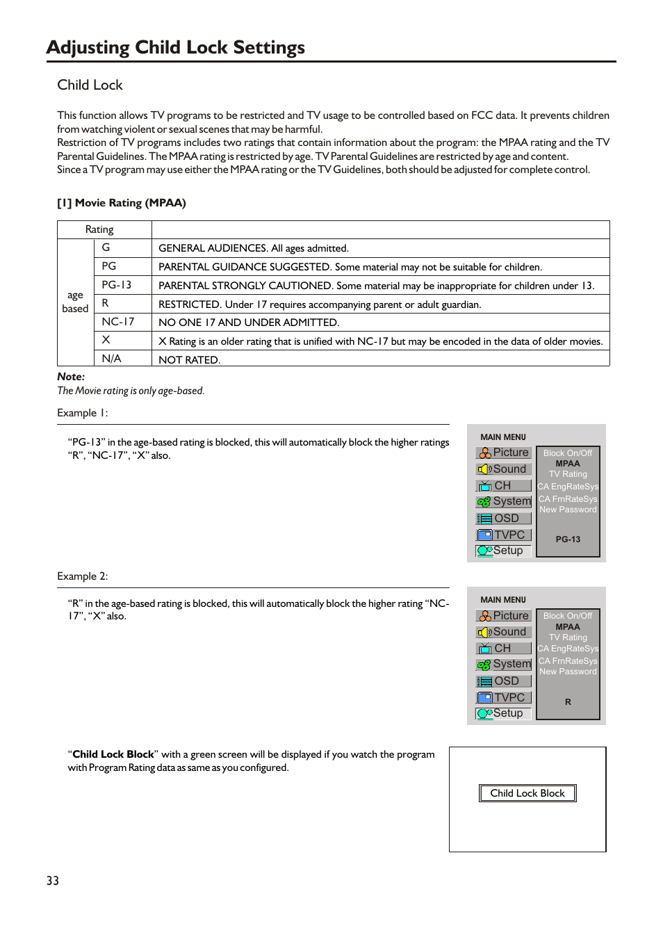Adjusting child lock settings, Child lock | Audiovox FPE2305 User Manual | Page 36 / 42