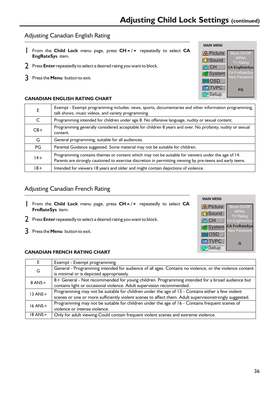 Adjusting child lock settings, Adjusting canadian english rating, Adjusting canadian french rating | Audiovox FPE2305 User Manual | Page 39 / 42