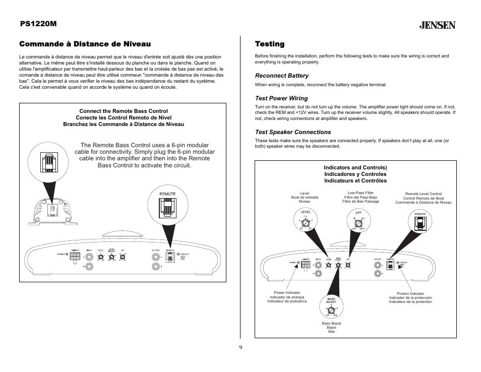 Testing, Reconnect battery, Test power wiring | Test speaker connections, Commande à distance de niveau, Ps1220m | Audiovox Jensen PS1220M User Manual | Page 9 / 14
