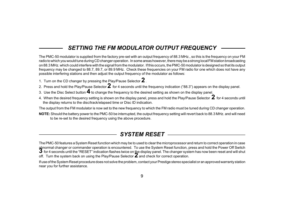 Setting the fm modulator output frequency, System reset | Audiovox PRESTIGE PMC-50 User Manual | Page 10 / 12