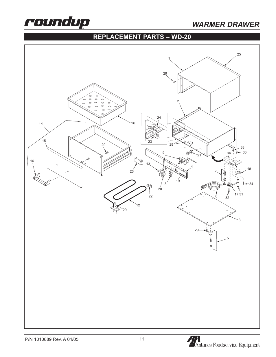 Warmer drawer, Replacement parts – wd-20 | A.J. Antunes & Co WD-35A 9400156 User Manual | Page 11 / 16